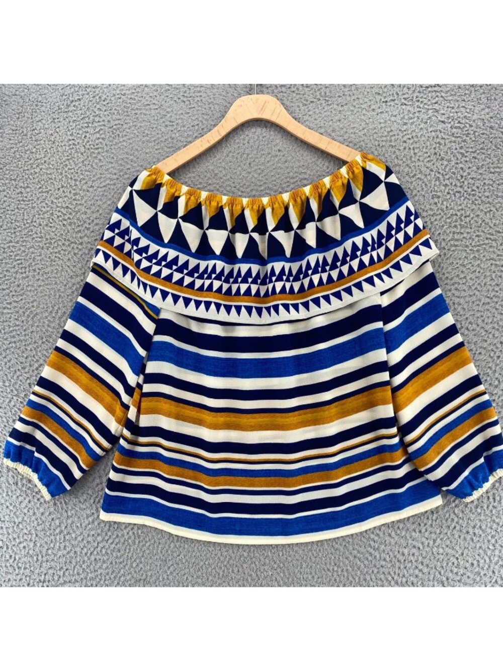 Chicos Top Womens 0 US Small Navy Orange Striped Off Shoulder Balloon Sleeves